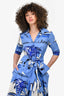 Samantha Sung Blue Poplin Graphic 3/4 Sleeve Dress Size 6 With Belts