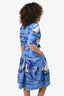 Samantha Sung Blue Poplin Graphic 3/4 Sleeve Dress Size 6 With Belts