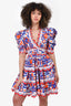 Celia Blue/Orange Scallop Puff Sleeve Midi Dress Size XS