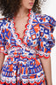 Celia Blue/Orange Scallop Puff Sleeve Midi Dress Size XS