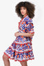 Celia Blue/Orange Scallop Puff Sleeve Midi Dress Size XS