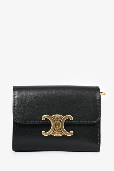 Celine Black Leather Triomphe Compact Wallet with Detachable