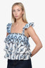 Caroline Constas White/Blue Ruffle Top Size S
