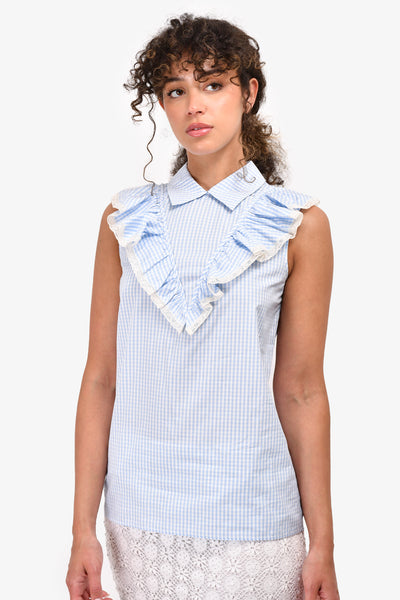 Miu Miu Blue & White Gingham Ruffle Detail Collared Top Size 38