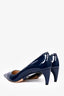 Prada Navy Blue Patent Leather Topstitch Detail Pointed Heels Size 37