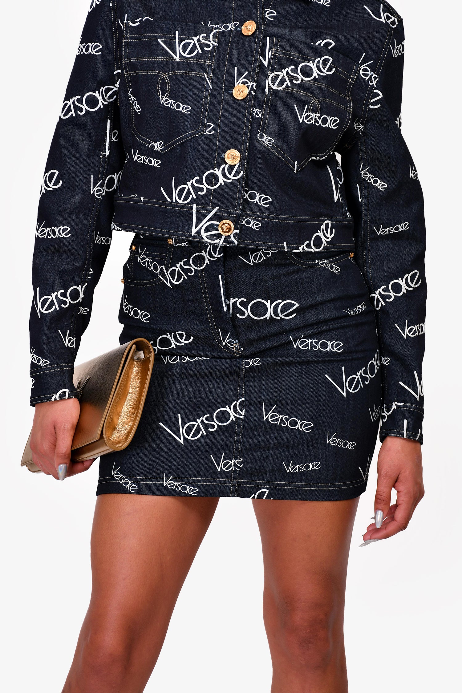Versace Blue Logo Printed Denim Skirt Est. Size XS (As Is) – Mine & Yours