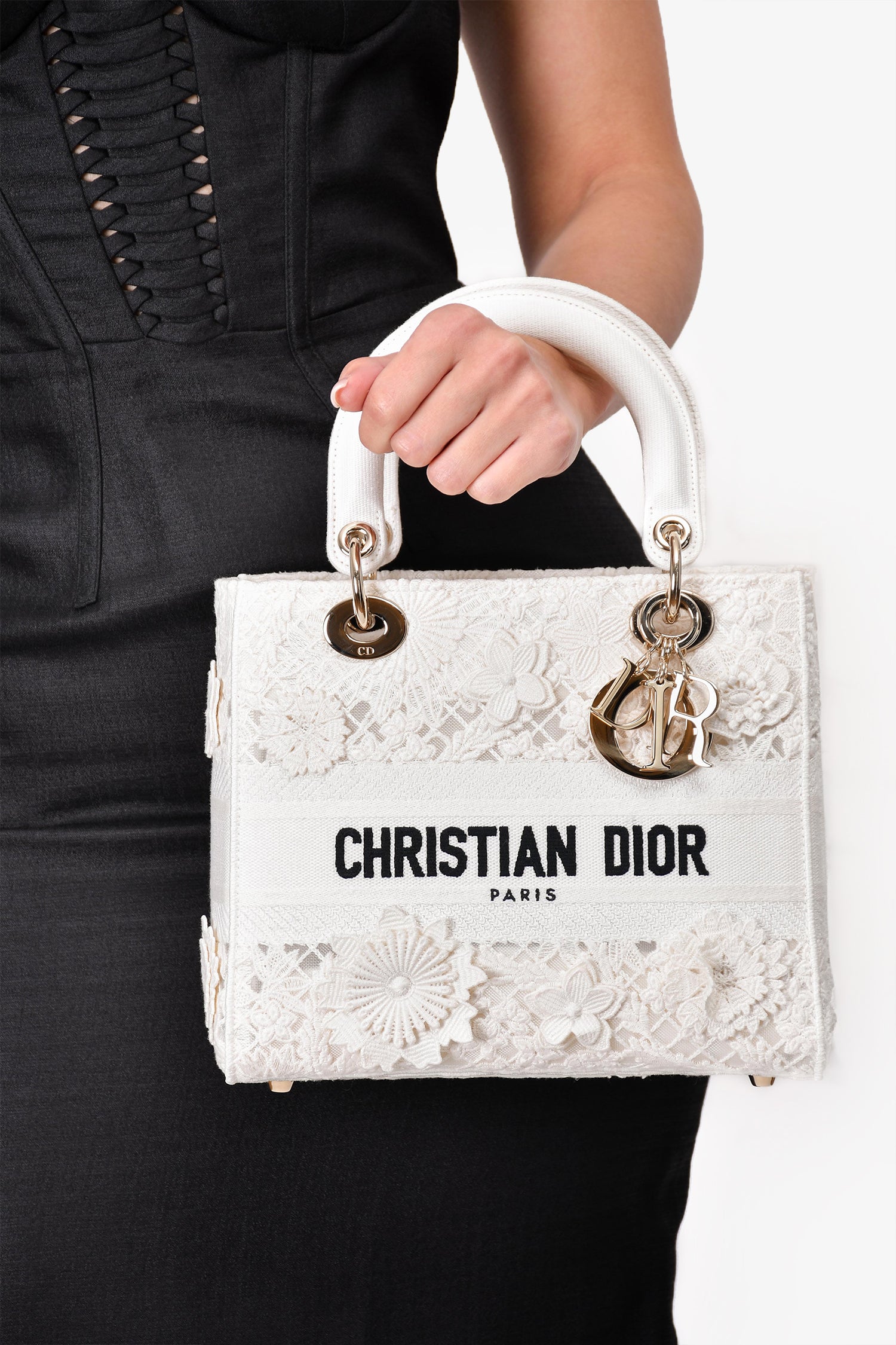 Christian Dior 2023 White Lace Floral Medium D-Lite Top Handle