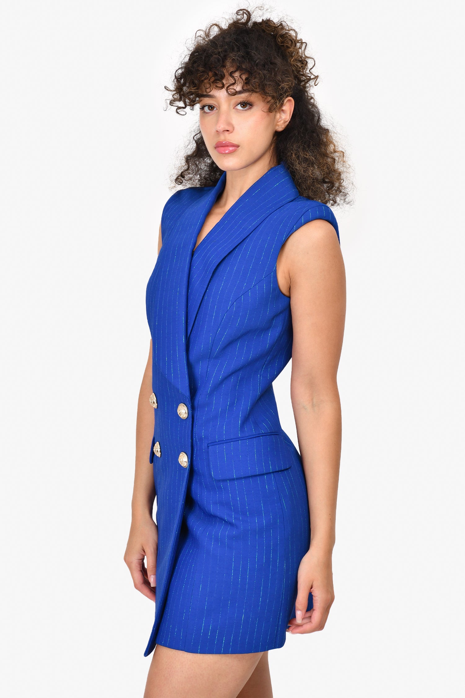 Balmain Blue Metallic Pinstripe Sleeveless Blazer Mini Dress Size 36 Mine & Yours Balmain Blue Metallic Pinstripe Sleeveless Blazer Mini Dress Size 36 Mine & Yours