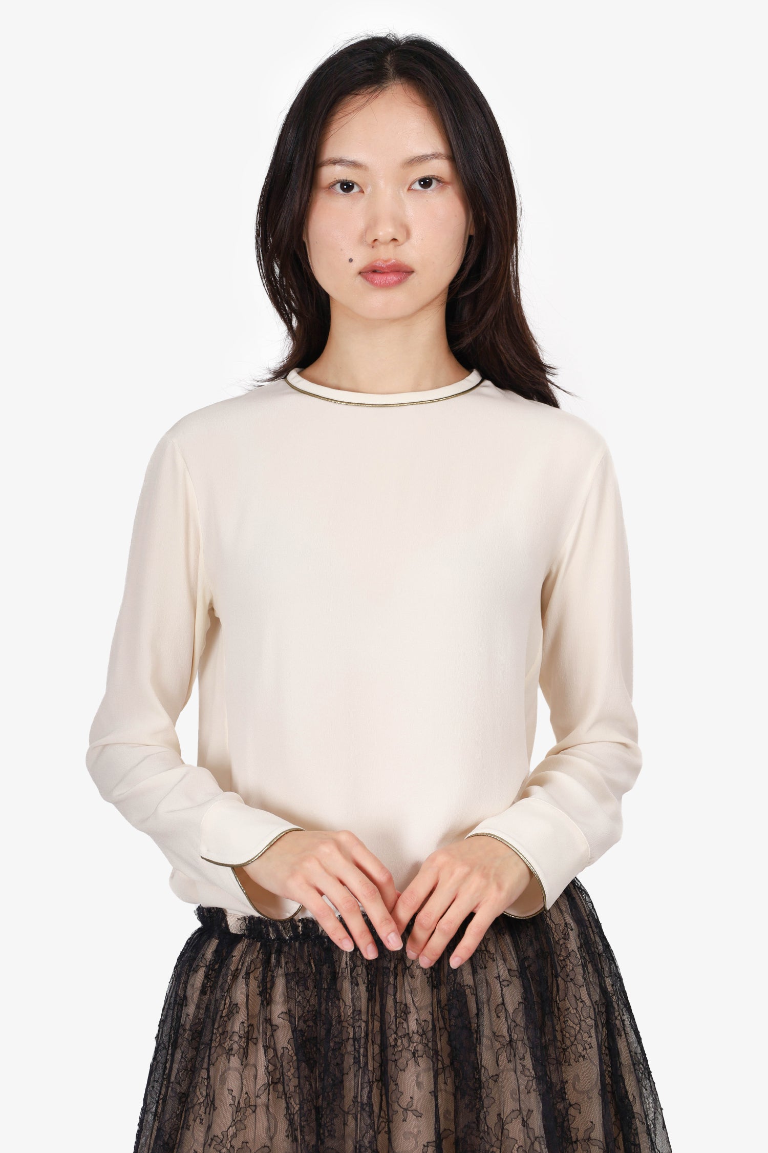 Max Mara Cream Silk Blouse with Gold Piping Size 2 – Mine & Yours