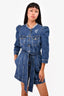 Retrofete Blue Denim Puff Shouldered Mini Dress with Belt Size S