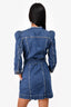 Retrofete Blue Denim Puff Shouldered Mini Dress with Belt Size S