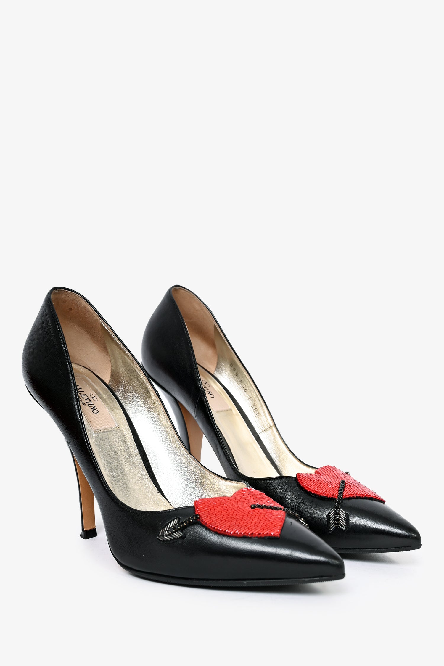 Valentino Black Leather Heart Embellished Heels Size 38.5 – Mine