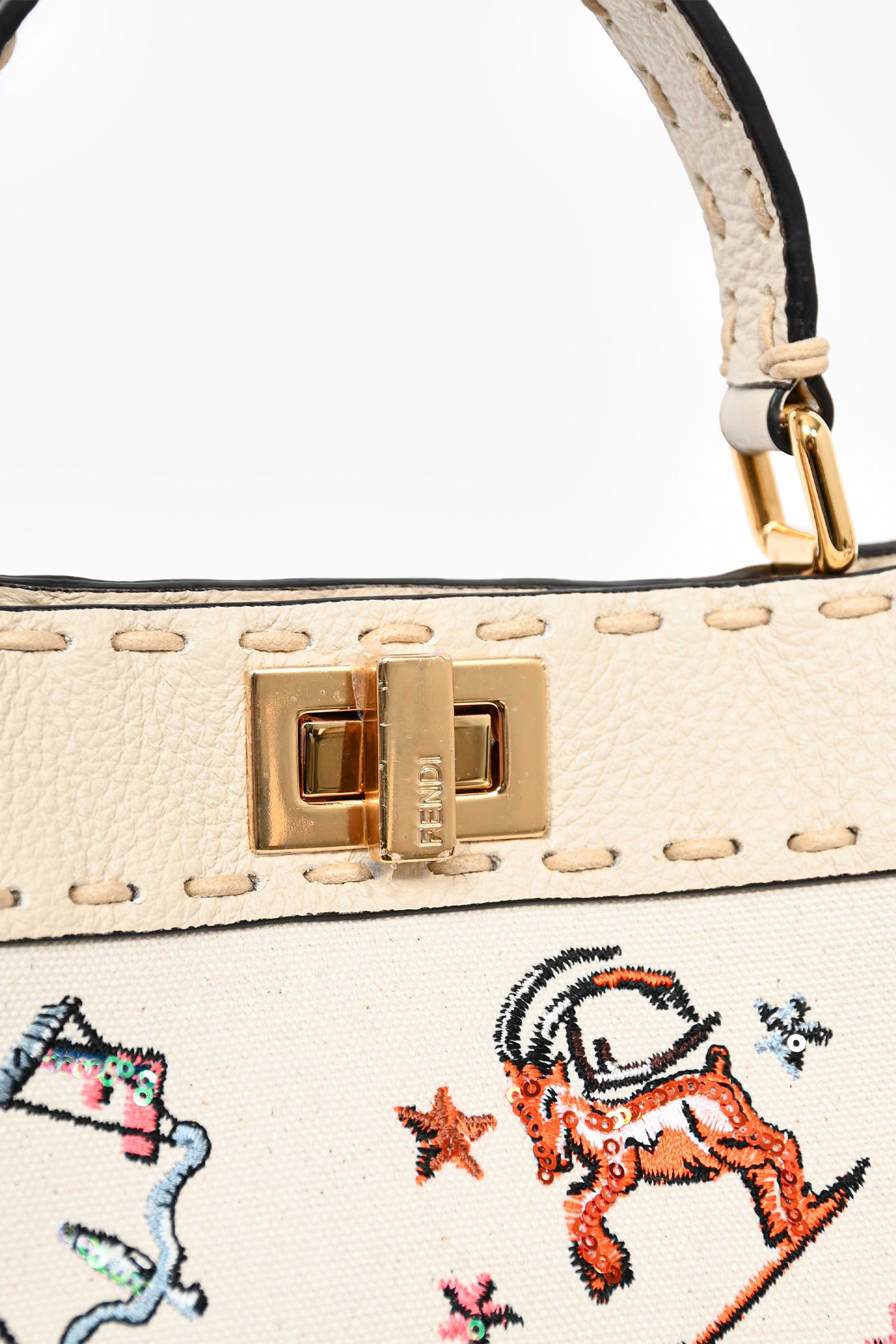 Fendi Cream Leather Astrology Embroidered Canvas Mini Peekaboo Top