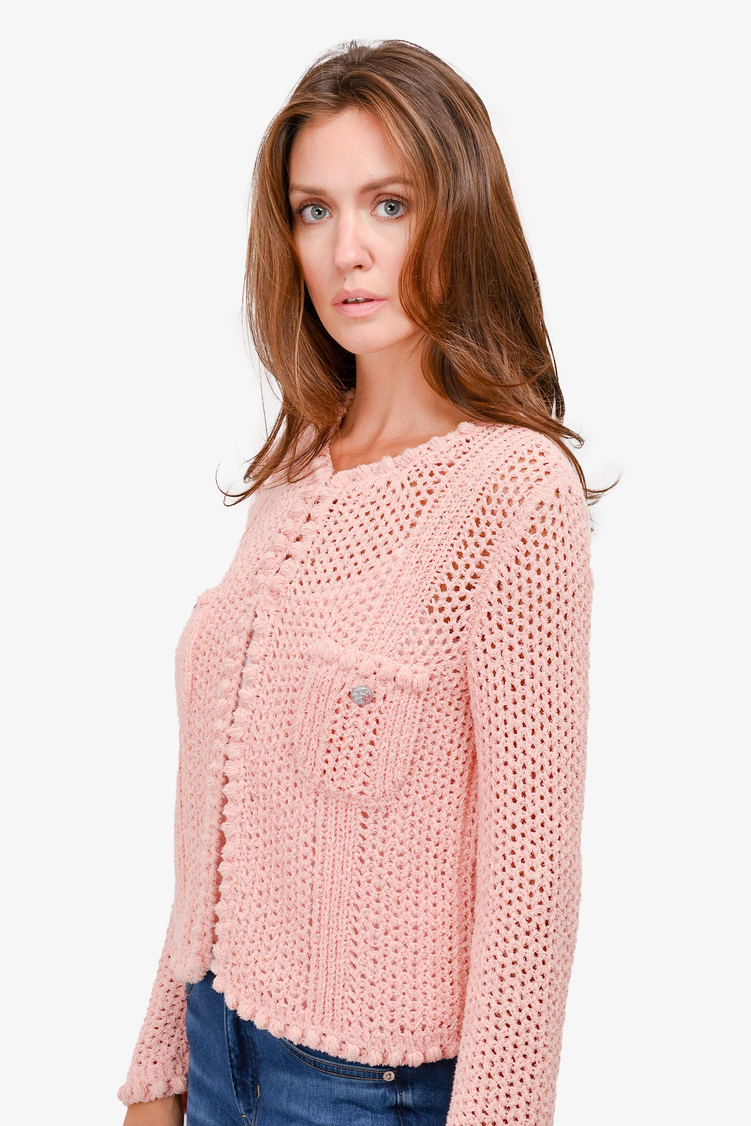 Pre-Loved Chanel™ Pink Cotton Blend Open Knit 'Coco Cuba' Cardigan