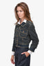 Pre-Loved Chanel™ 2014 Dark Blue Scalloped Denim 'Paris-Dallas' Jacket with Gold Trim Size 38