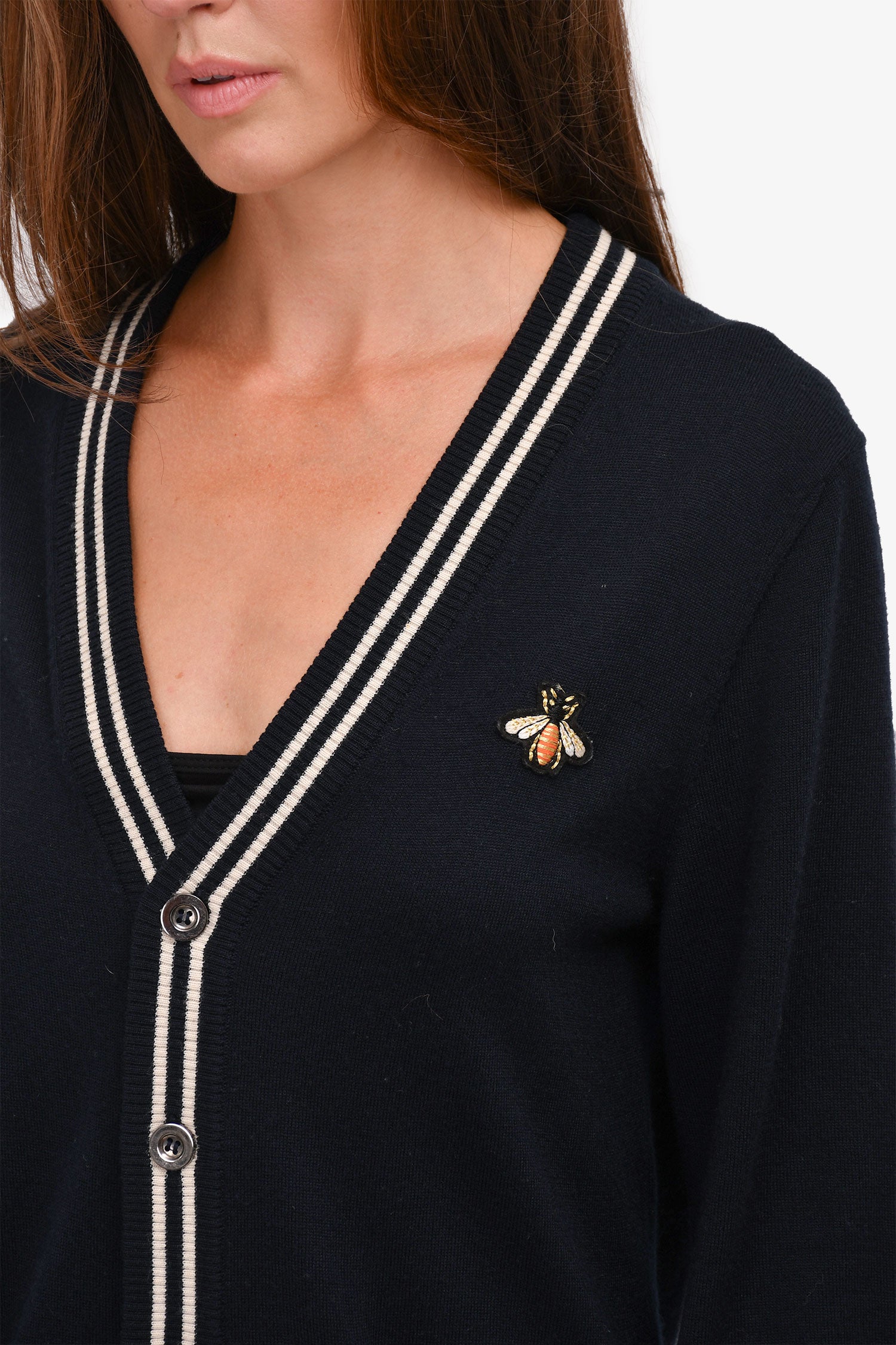 Gucci Navy Wool Striped Bee Embroidered Cardigan Size S – Mine & Yours
