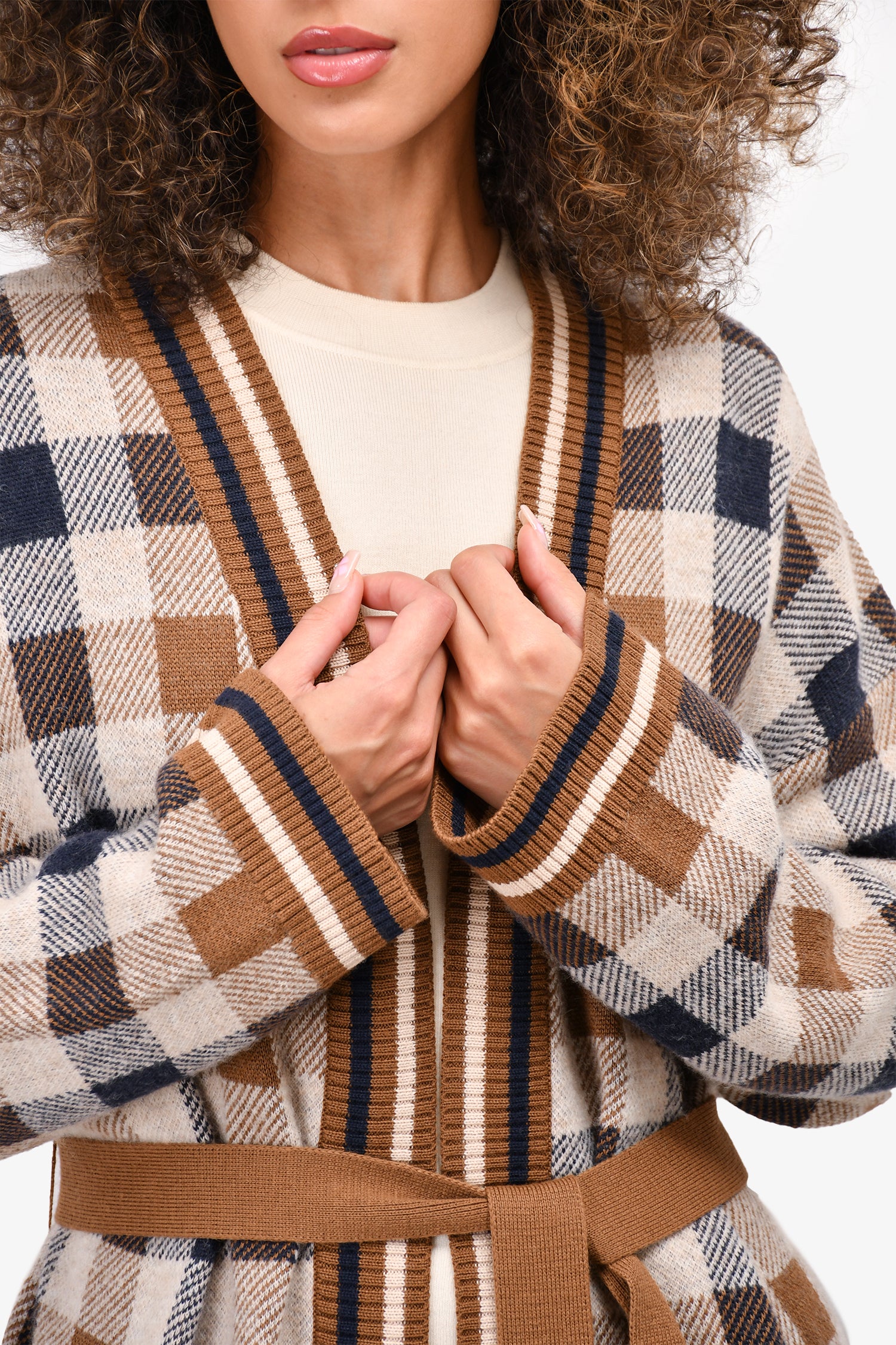 Weekend Max Mara Brown Wool Checkered 'Lavagna' Belted Cardigan