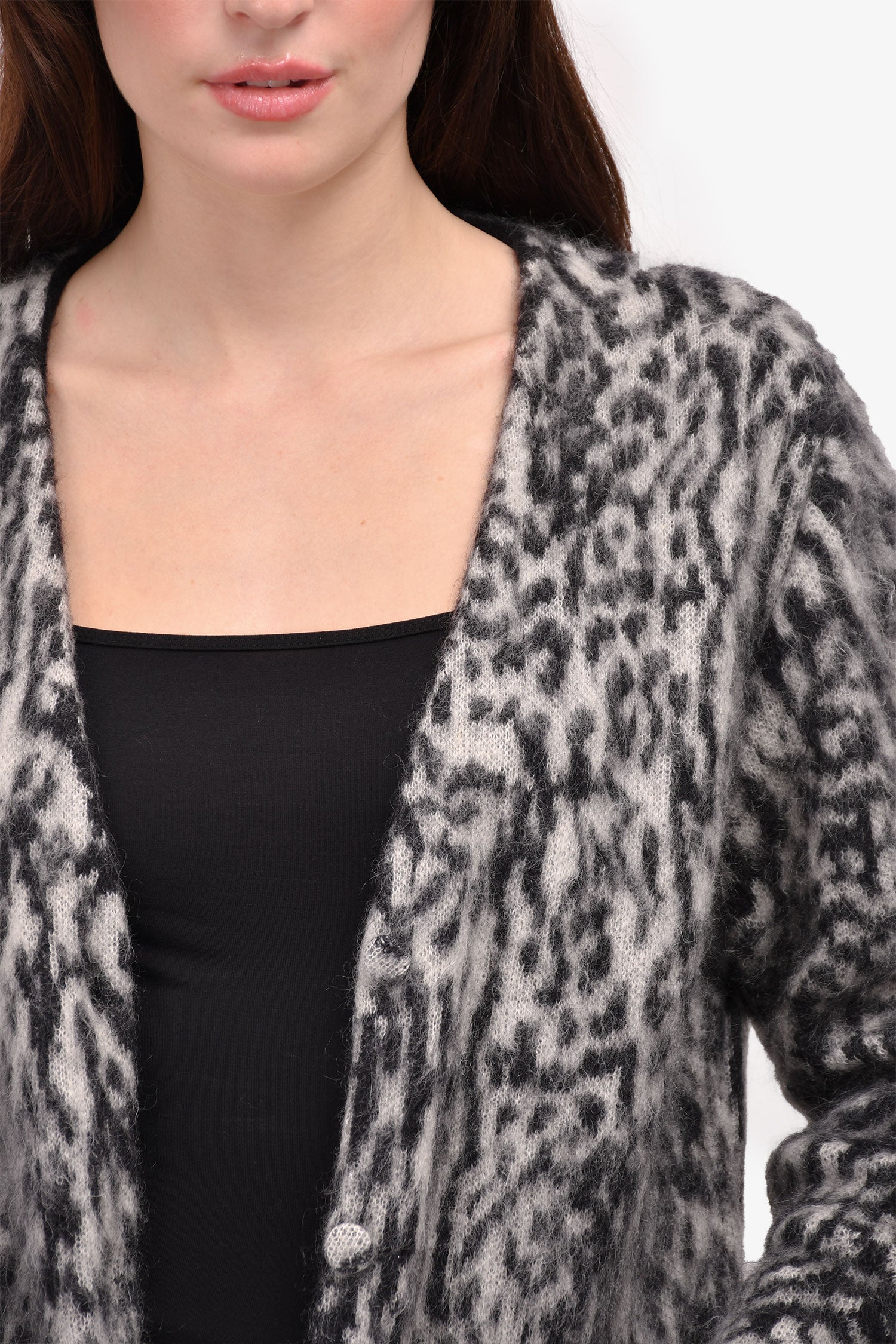 Saint Laurent Grey Mohair Leopard Print Long Sleeve Cardigan
