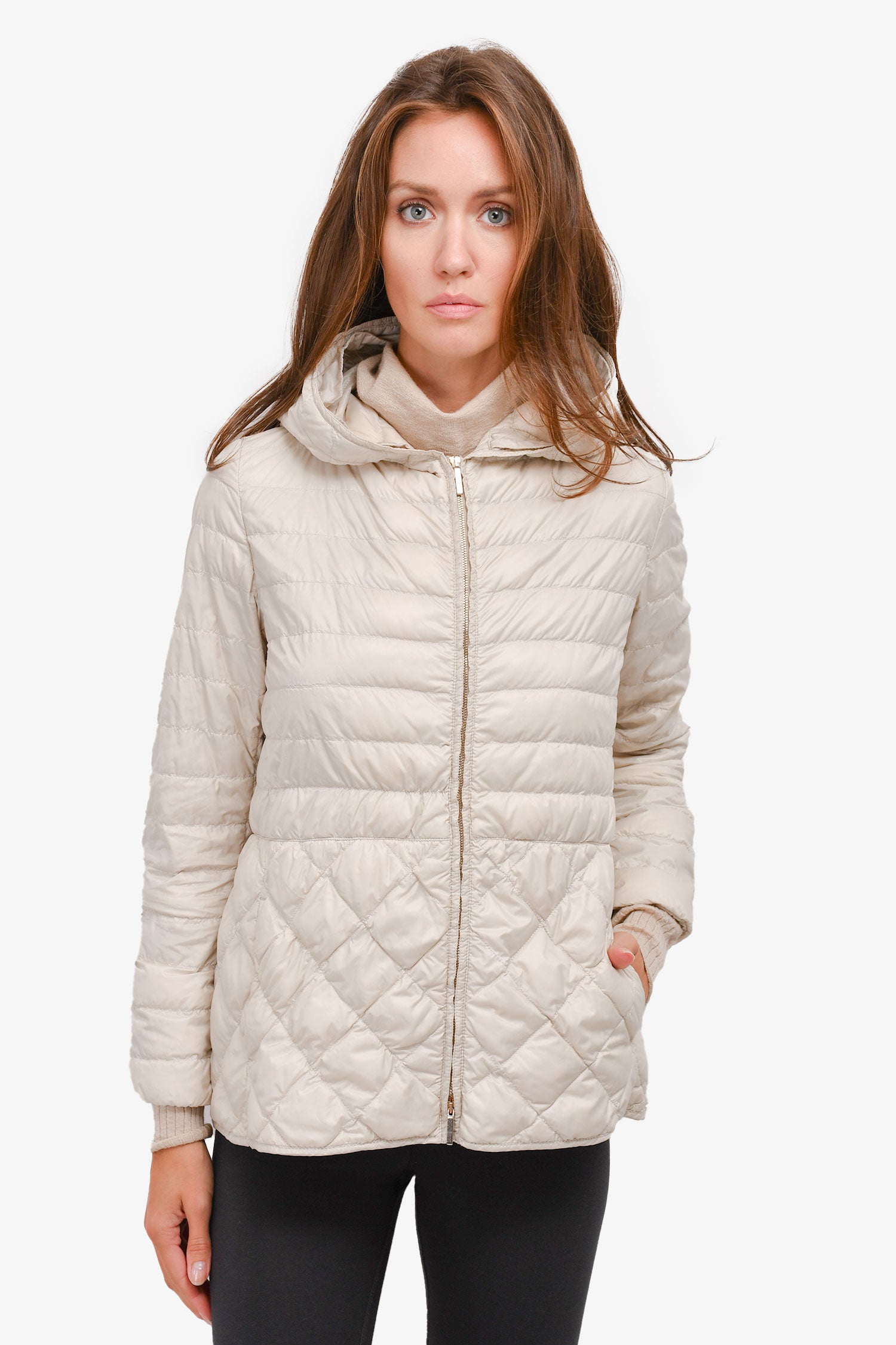 'S Max Mara Cream Quilted Thin Zip-Up Jacket with Hood Size 8 US – Mine ...