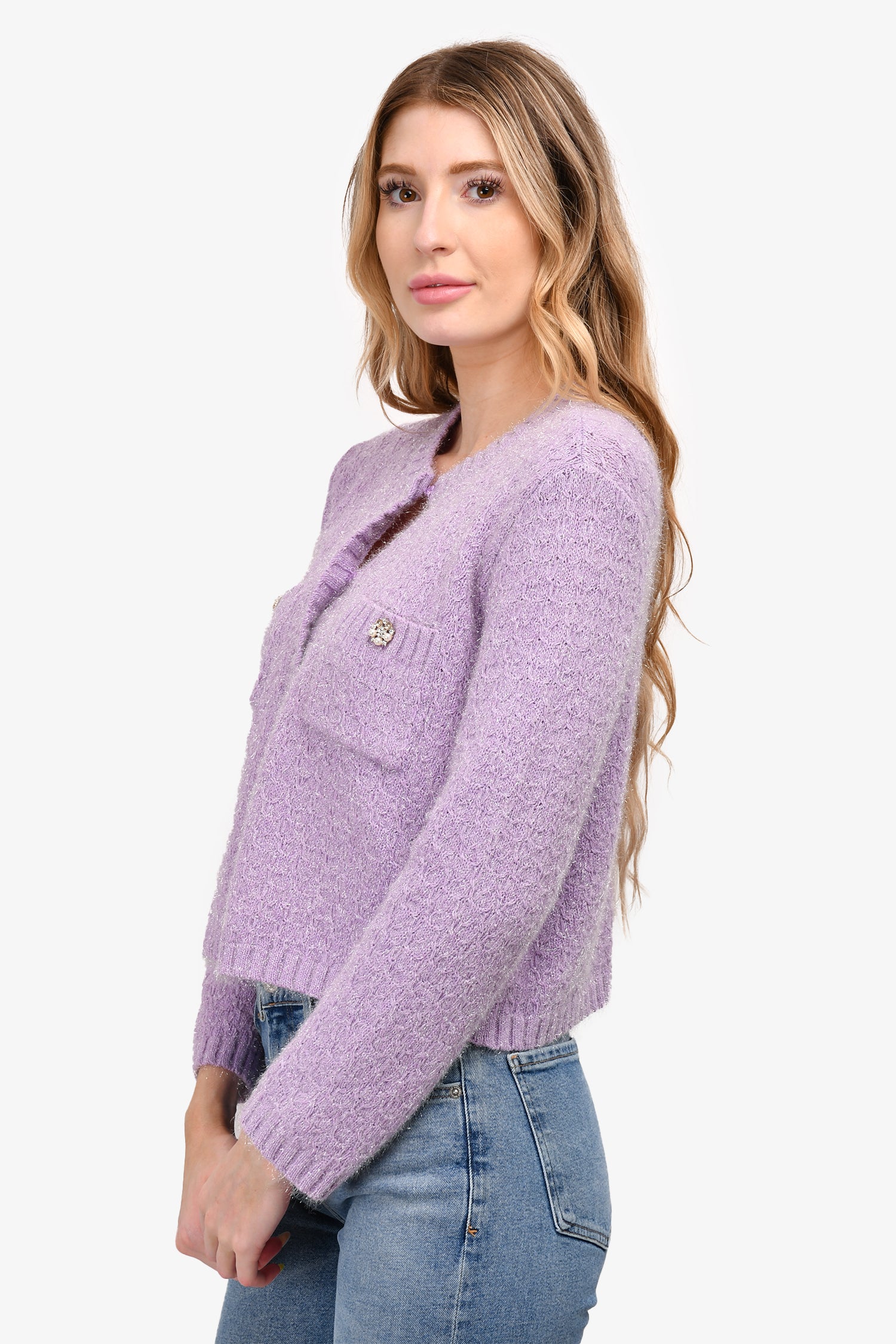 Maje Purple Sparkly Knit Cardigan With Pearl and Crystal Buttons
