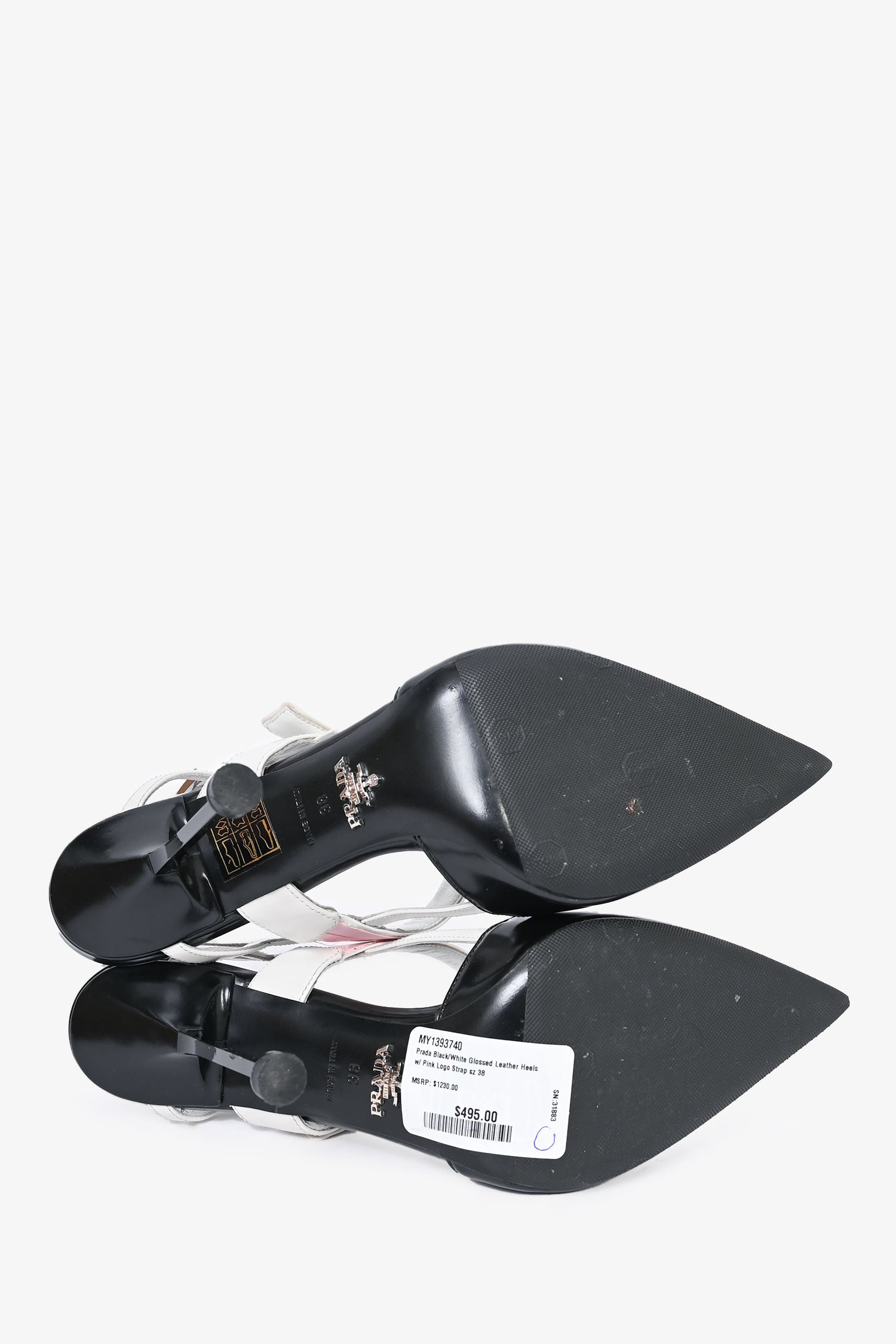 【my】Prada Leather Strap Heels Prada Black/White Glossed Leather Heels with Pink Logo Strap Size