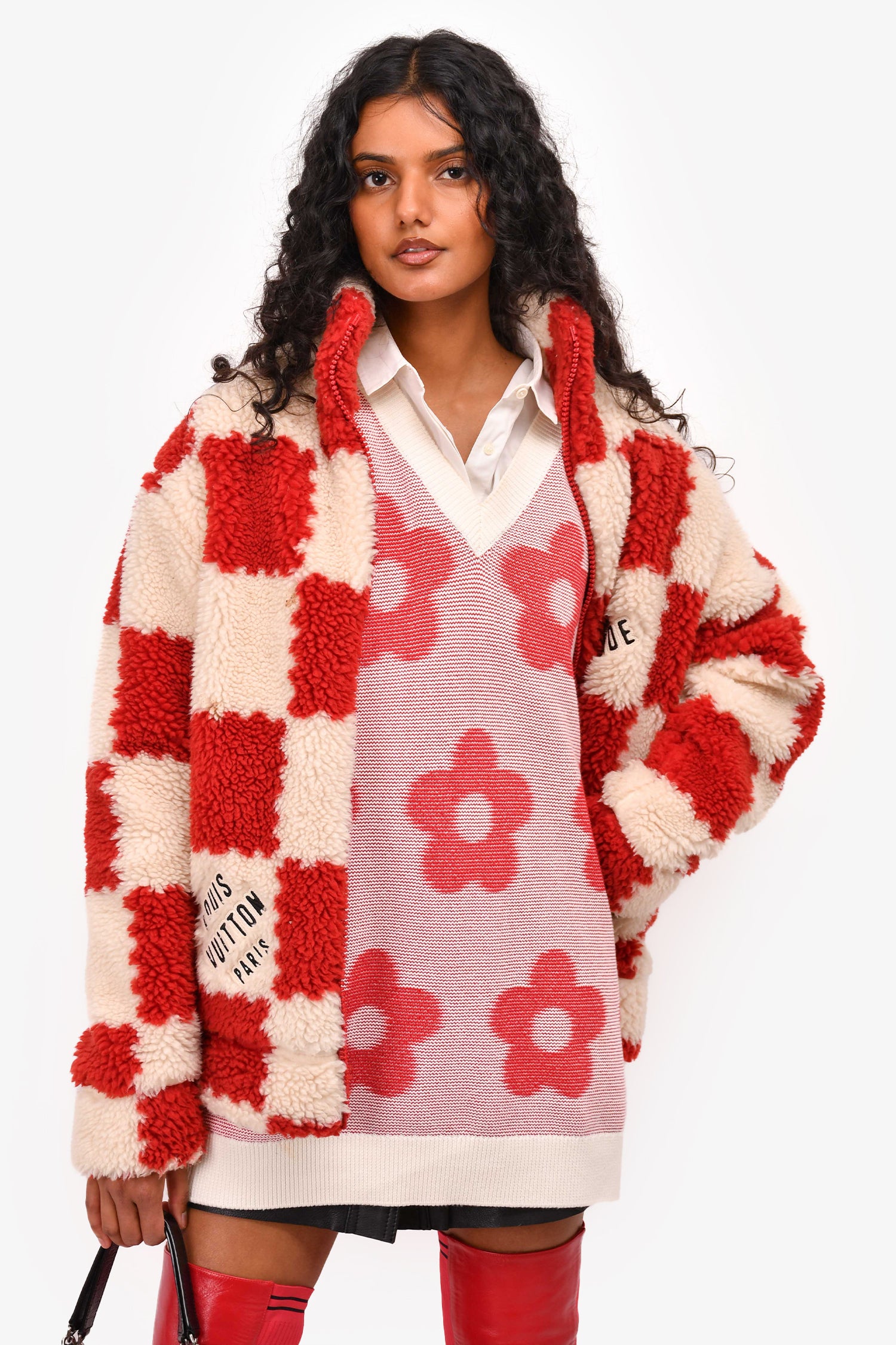 Louis Vuitton x Nigo 2022 Cream/Brick Red Checkered Fleece Zip-Up