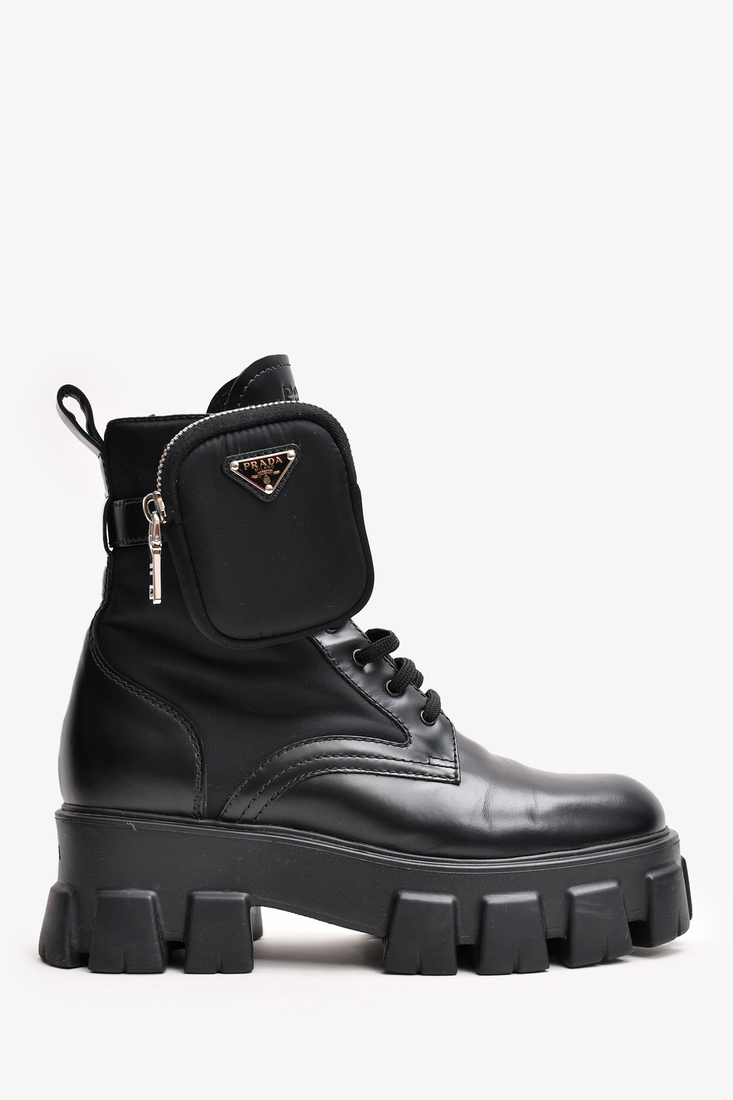 Prada Black Leather/Re-Nylon Monolith Platform Boots with Pouch
