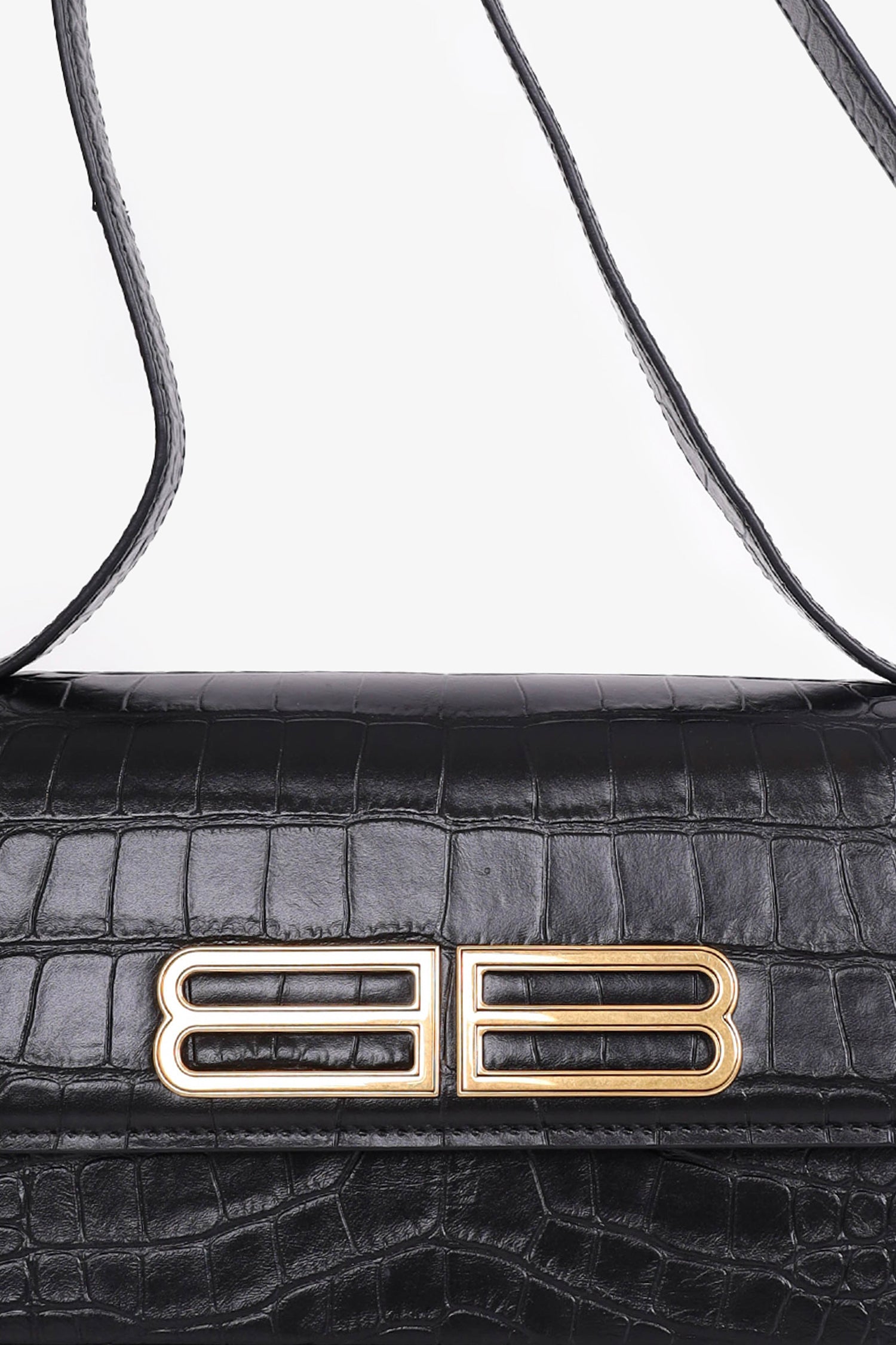 Balenciaga Black Calfskin Crocodile Embossed Medium Gossip Bag