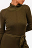Celine Green Wool/Silk Blend Mockeck Belted Dress Size S