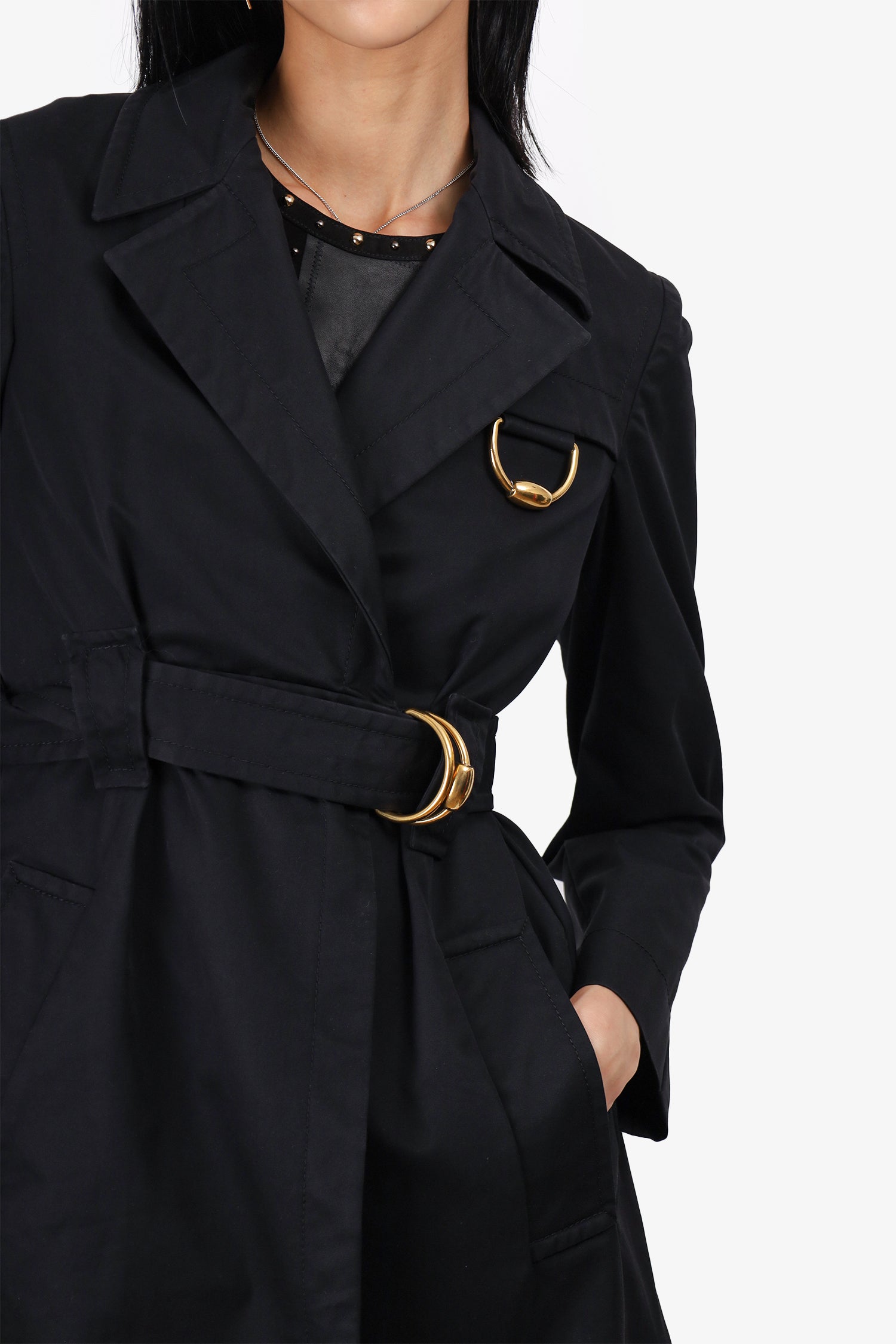 Gucci Black Gold Horsebit Detail Belted Trench Coat Size 42 – Mine