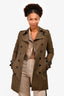 Burberry Green Trench Coat with Black Leather Trim Size 6