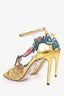 Gucci Gold Metallic Ophelia Floral Embroidered Ankle Strap Sandals Size 37.5