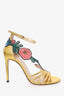 Gucci Gold Metallic Ophelia Floral Embroidered Ankle Strap Sandals Size 37.5