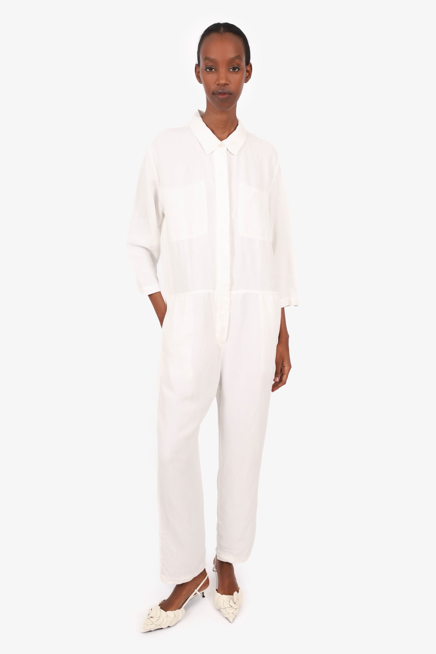 James Perse White Linen Blend Button Up Jumpsuit Size 3 – Mine & Yours