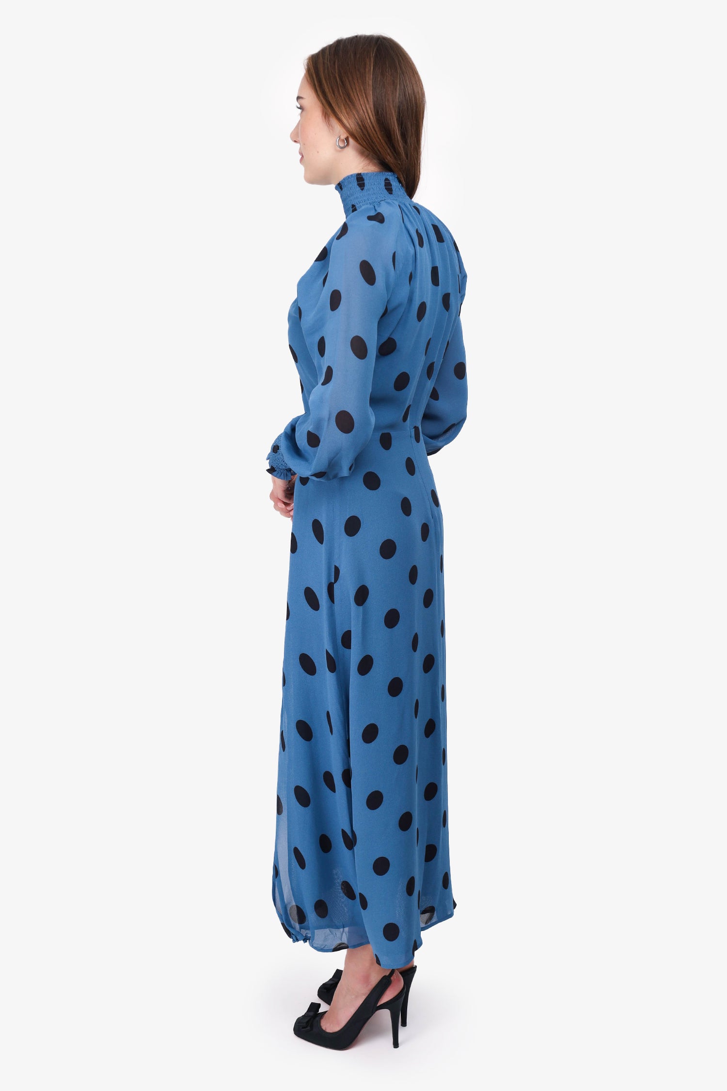 reformation polka dot dress long sleeve Reformation Blue/Black Long-Sleeve Polka-Dot Dress Size 0 – Mine & Yours