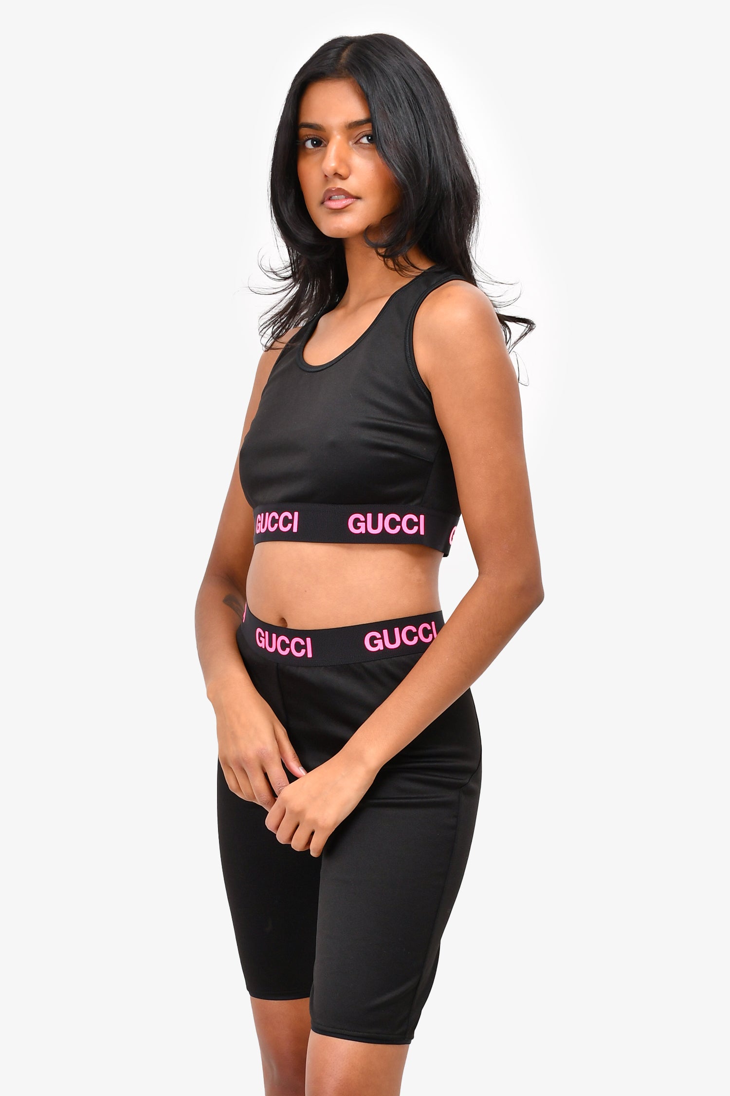 Gucci Black/Hot Pink Logo Band Bralette Biker Shorts Set Size S