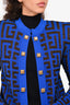 Balmain Blue Metallic Monogram Jacquard Cardigan Sweater with Shoulder Pads Size 34