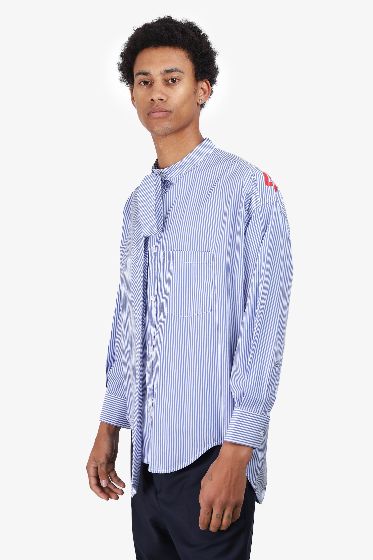 Balenciaga Blue Striped Cotton Neck Tie Detail Oversized Shirt