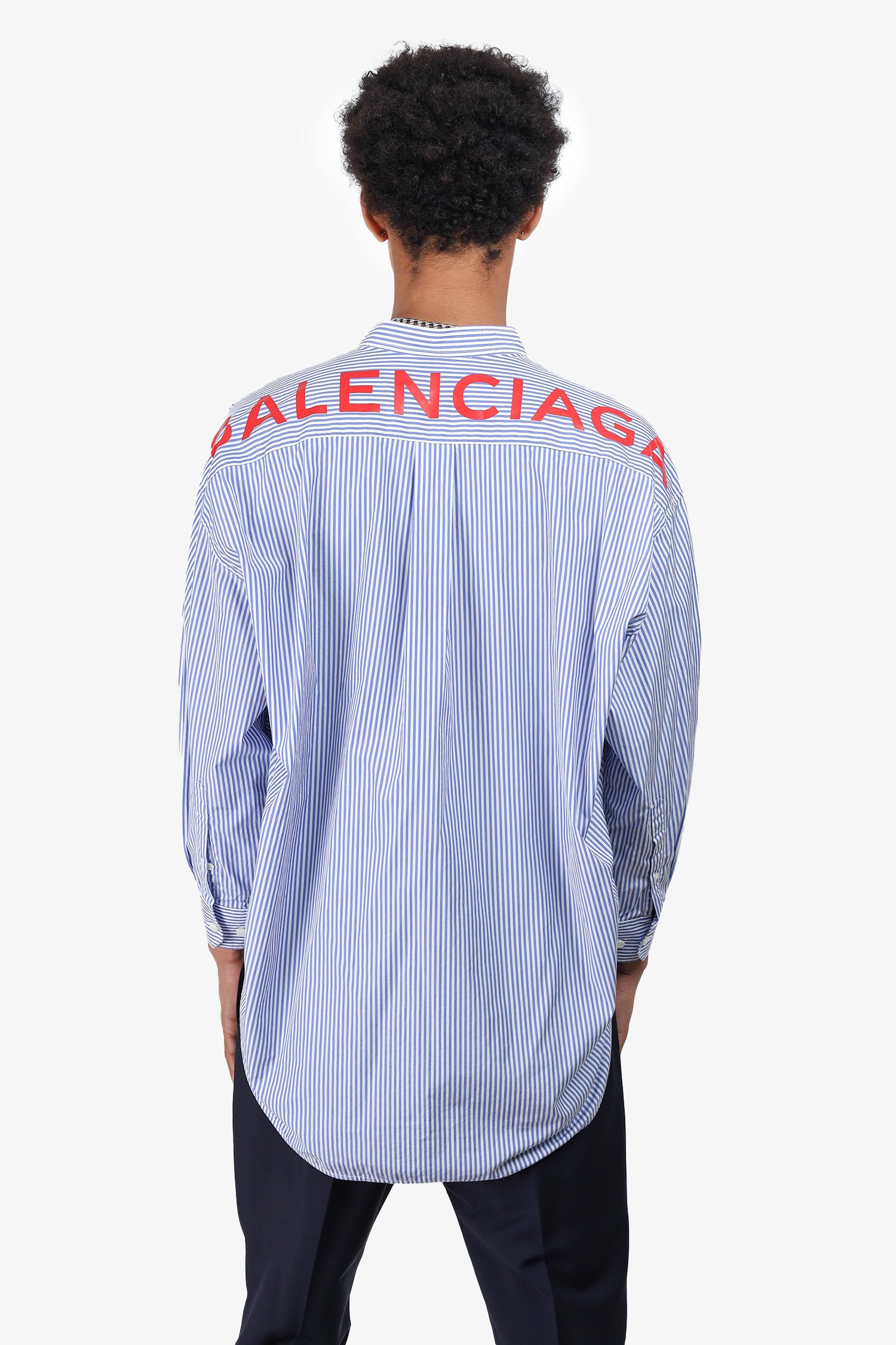 BALENCIAGA スタッフシャツ サイズ34 Balenciaga Blue Striped Cotton Neck Tie Detail Oversized Shirt