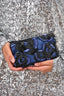 Oscar de la Renta Navy Satin Bead Embellished Clutch with Chain (As Is)