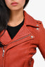 Maje Rust Orange Leather Moto Jacket With Belt Size 36