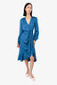 Veronica Beard Blue Satin Long-Sleeve Ruffle Front Belted Dress Size 8