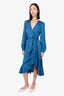 Veronica Beard Blue Satin Long-Sleeve Ruffle Front Belted Dress Size 8