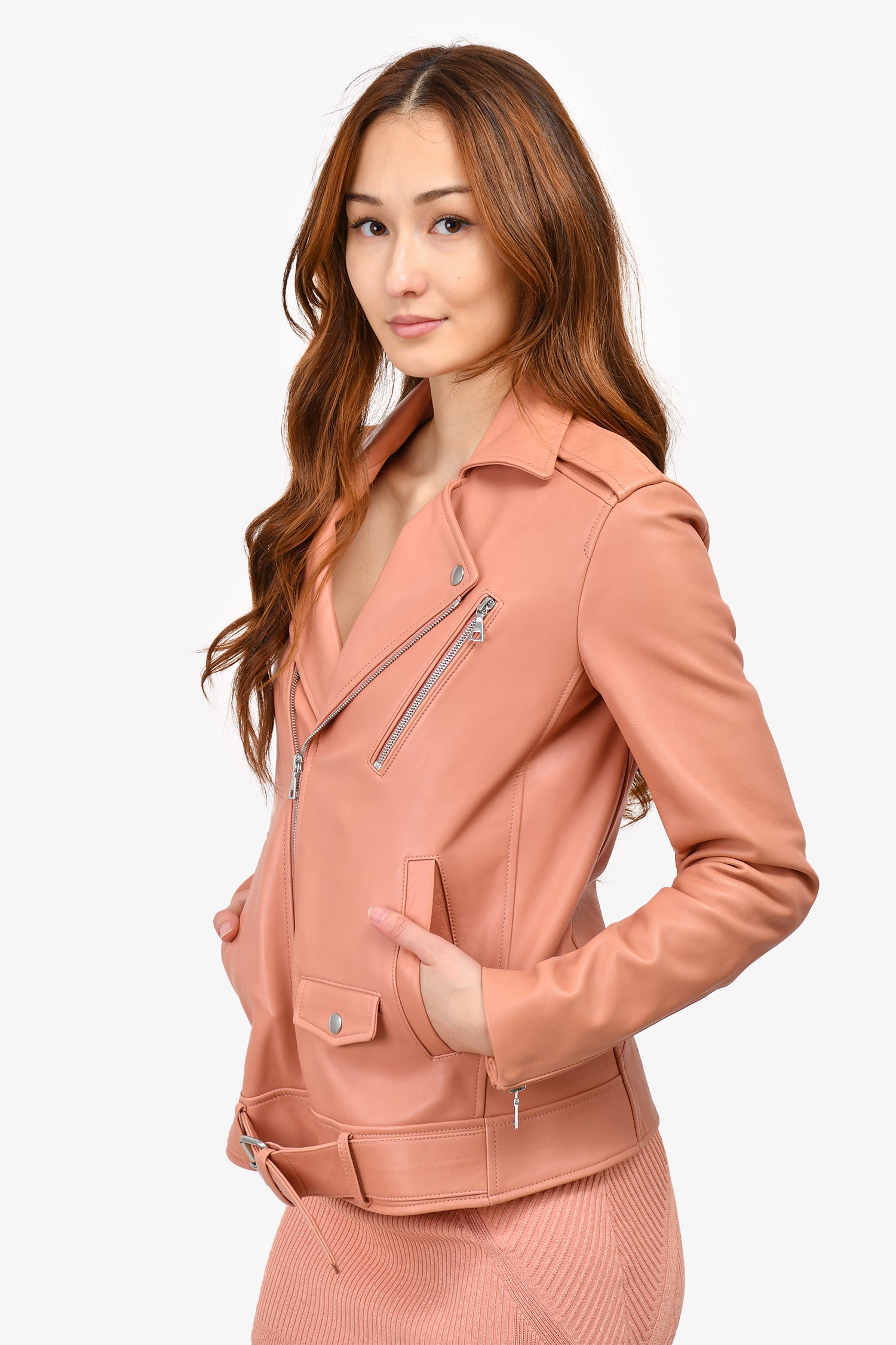 Theory Salmon Pink Leather Moto Jacket Size P – Mine & Yours