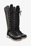 Pre-Loved Chanel™ Black/White Tweed Knee High Lace Up Boots Size 36.5
