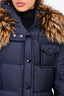 Prada Navy Down Belted Puffer Jacket With Fox Fur Hood Size 42
