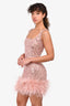 Nadine Merabi Pink Sequin Faux Ostrich Feather Trim Mini Dress Size XS