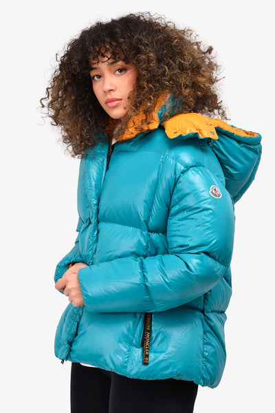 Moncler Teal/Mustard Down 'Parana' Hooded Parka Jacket Size 2