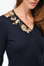 Christian Dior Navy Cashmere Sequin Floral Embroidered Sweater Size 6 US