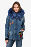 Mr & Mrs Italy Blue Denim Patch Embellished Fur Hooded Padded Jacket Size XXS